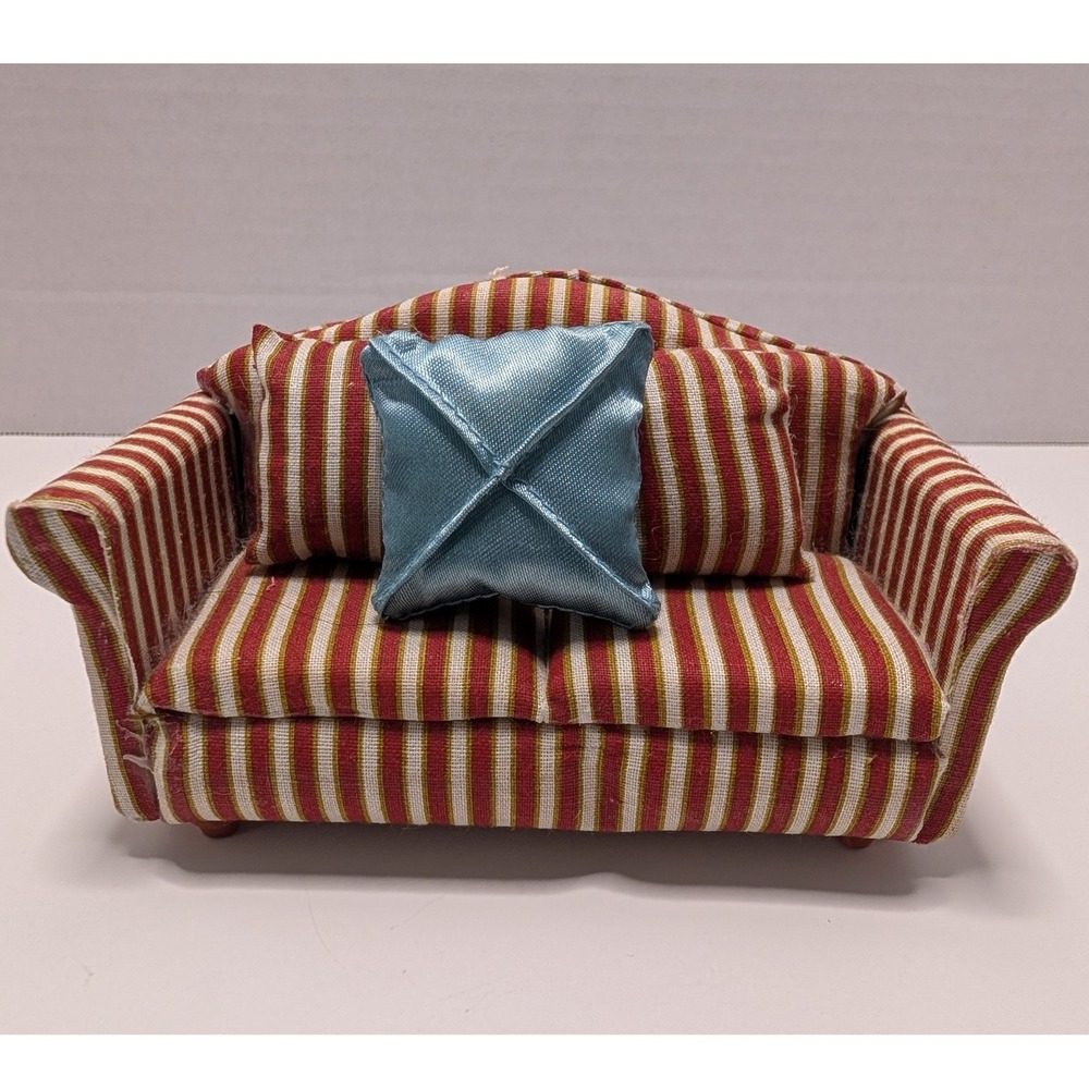 Vtg Miniature Dollhouse Sofa Burgundy White Striped Couch Blue Pillow 1:12 Scale